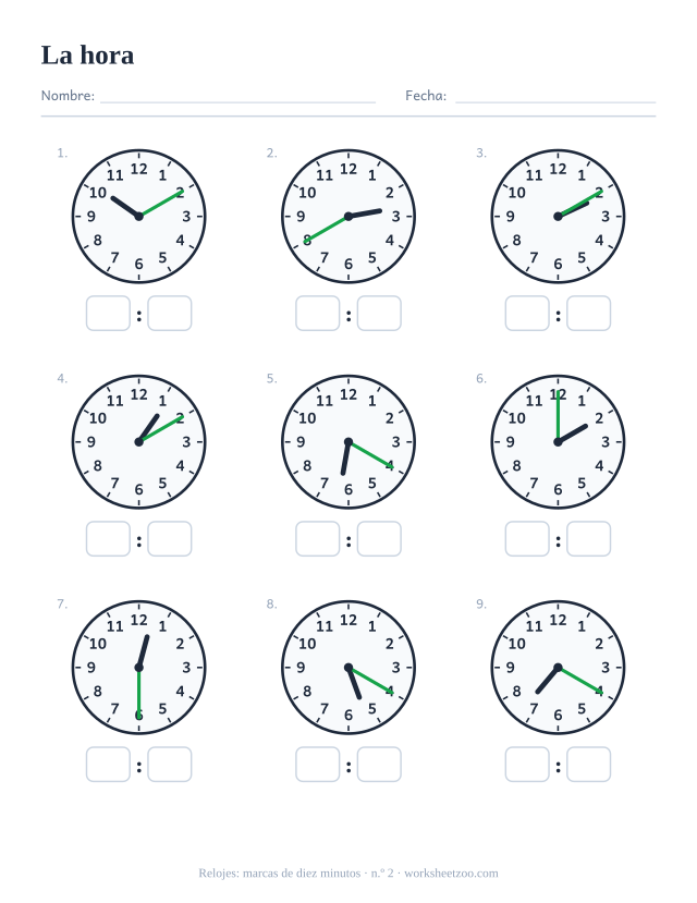 Ficha del reloj, nueve relojes de agujas con marcas de diez minutos, lee cada uno y escribe la hora digital, set B