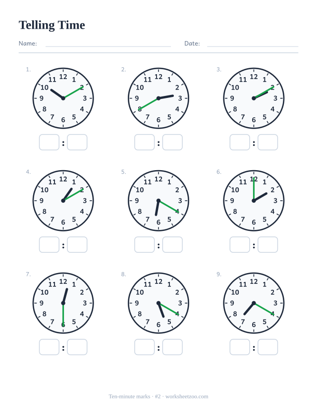 Telling time worksheet, nine analog clocks showing ten-minute marks, read each and write the digital time, set B