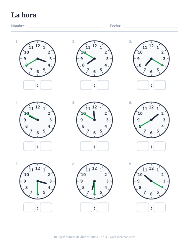 Ficha del reloj, nueve relojes de agujas con marcas de diez minutos, lee cada uno y escribe la hora digital, set C