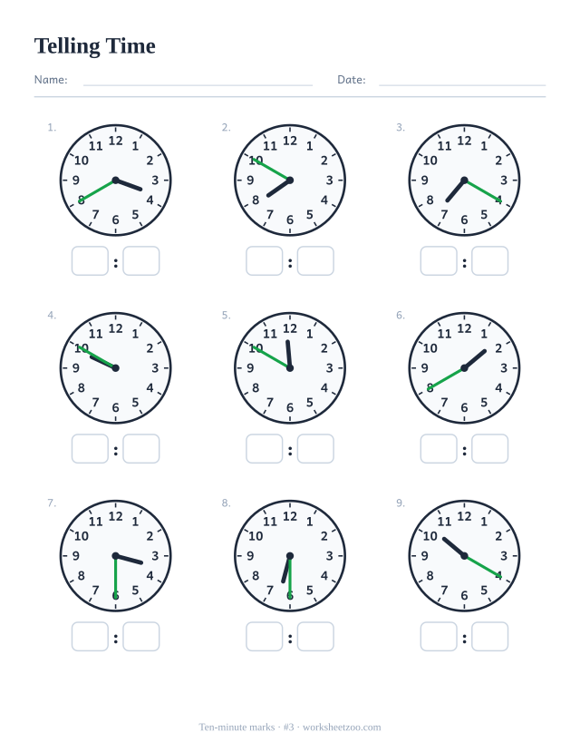Telling time worksheet, nine analog clocks showing ten-minute marks, read each and write the digital time, set C