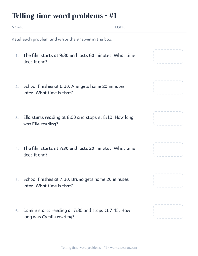 Telling time word problems worksheet about films, school and reading with an answer box
