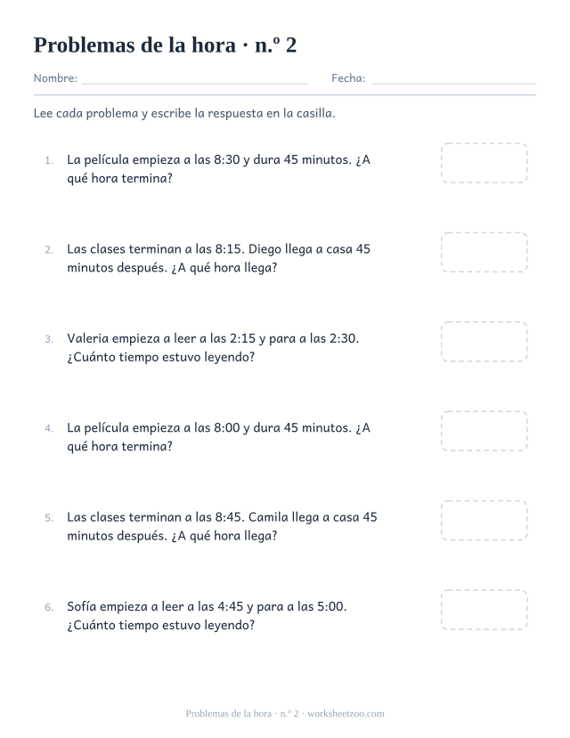Segunda ficha de problemas de la hora con saltos de cuarto y media hora