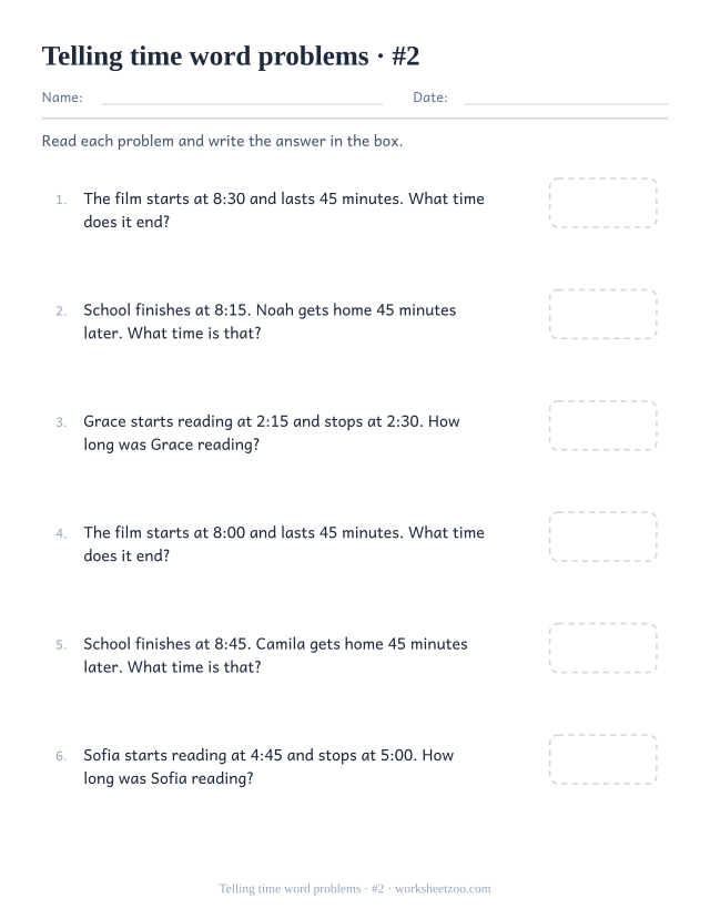 Second telling time word problems worksheet with quarter and half hour steps