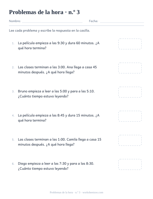 Tercera ficha de problemas de la hora con situaciones cotidianas que calcular