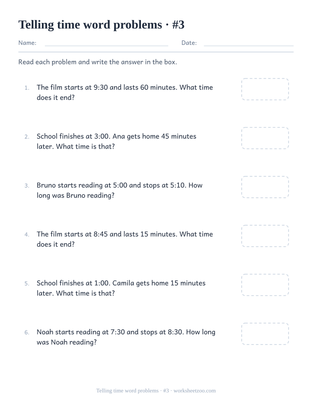 Third telling time word problems worksheet with everyday timings to work out