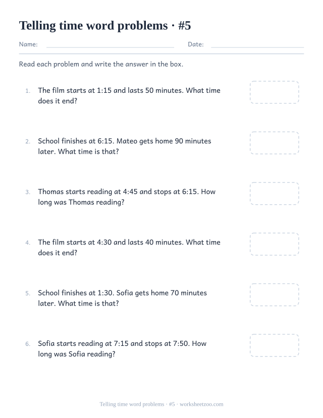 Fifth telling time word problems worksheet with awkward durations to add on
