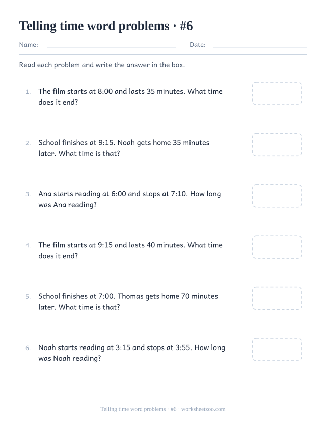 Sixth telling time word problems worksheet with the longest durations in the set