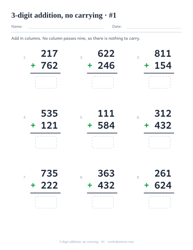 Three-digit column addition worksheet with no carrying, hundreds tens and ones lined up