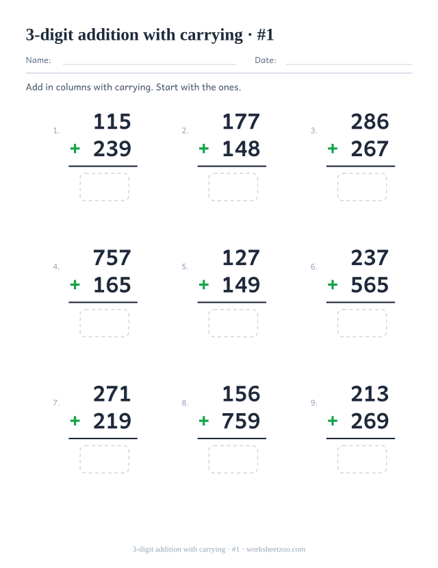 Three-digit addition worksheet with carrying through the tens and hundreds columns