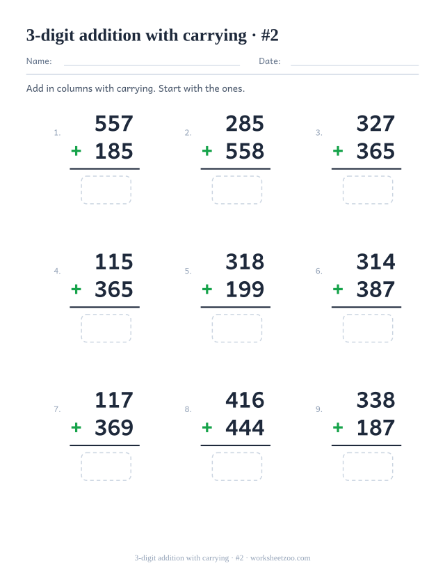 Second three-digit carrying addition worksheet, double regrouping on every problem