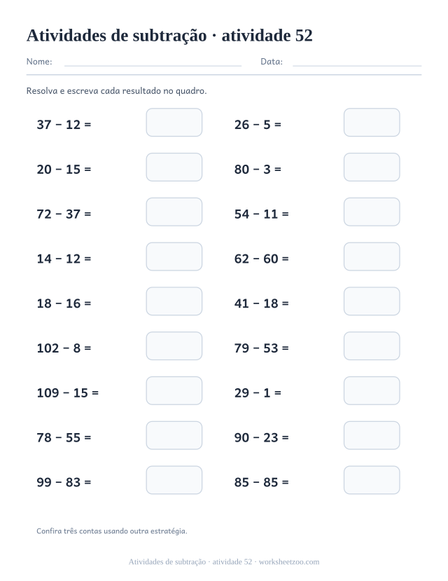 Prévia de Atividades de subtração, atividade 52 para imprimir