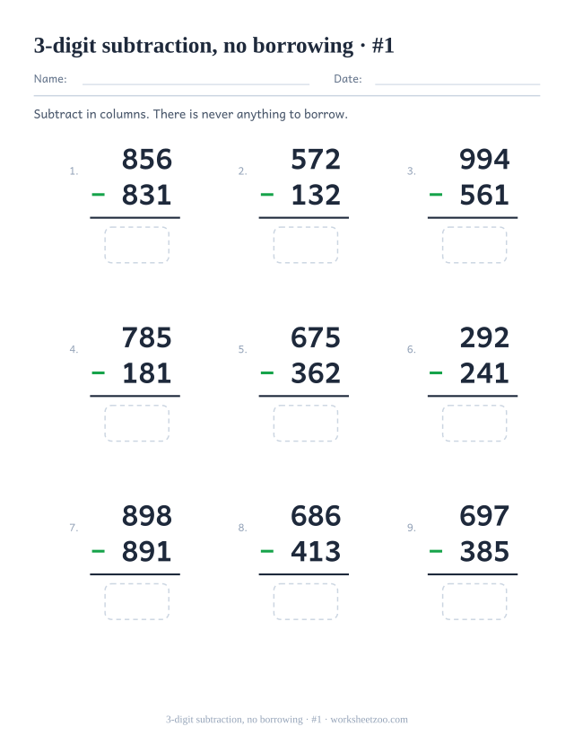 Three-digit column subtraction worksheet with no borrowing across hundreds tens and ones