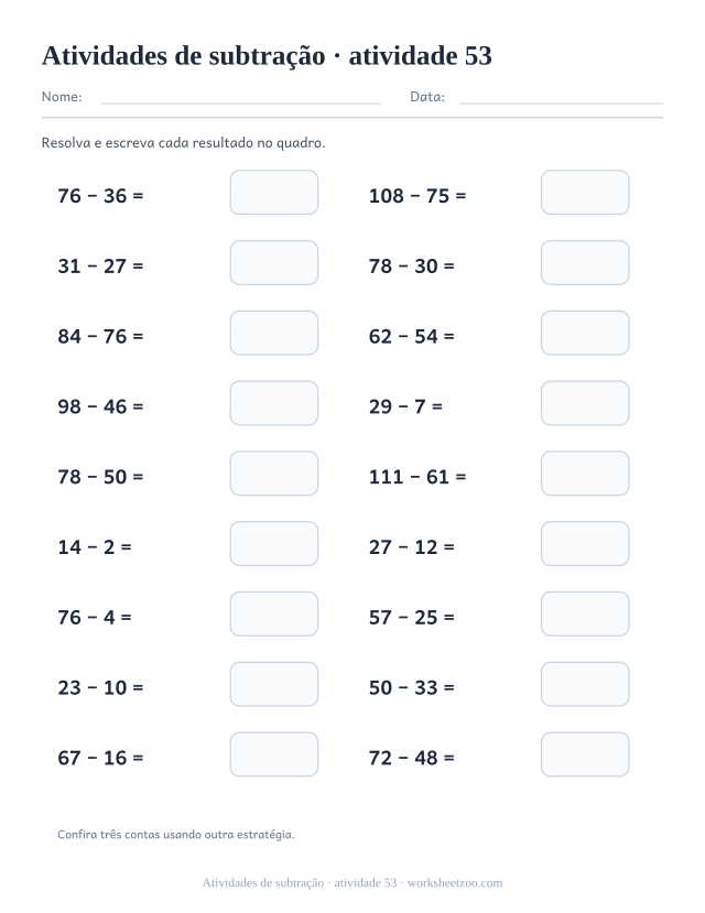 Prévia de Atividades de subtração, atividade 53 para imprimir