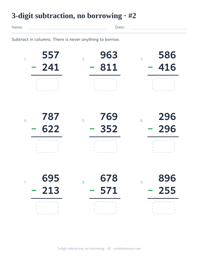 Second three-digit subtraction worksheet without regrouping, nine problems per page
