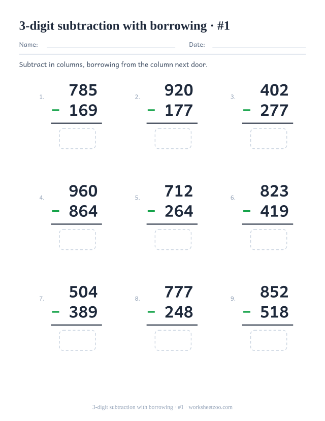 Three-digit subtraction worksheet with borrowing from the tens and the hundreds