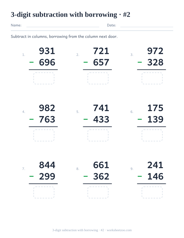 Second three-digit borrowing subtraction worksheet with double regrouping