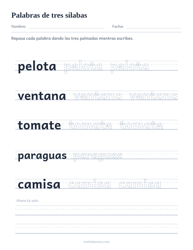 Ficha de palabras de tres sílabas, cinco palabras más largas para repasar sobre pauta