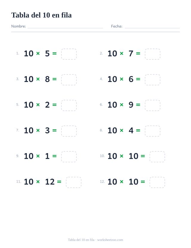 Ficha horizontal de la tabla del 10, doce multiplicaciones del 10 escritas en fila con casillas de respuesta