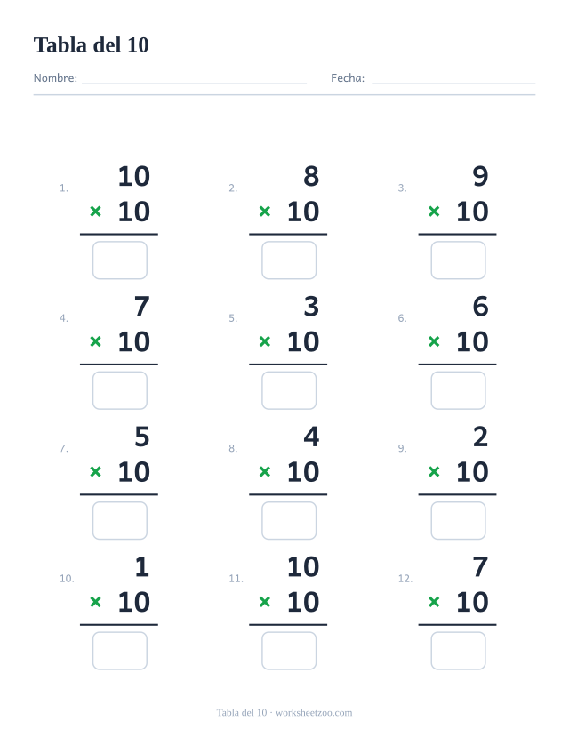 Ficha de la tabla del 10 con 12 multiplicaciones en vertical y casillas de respuesta