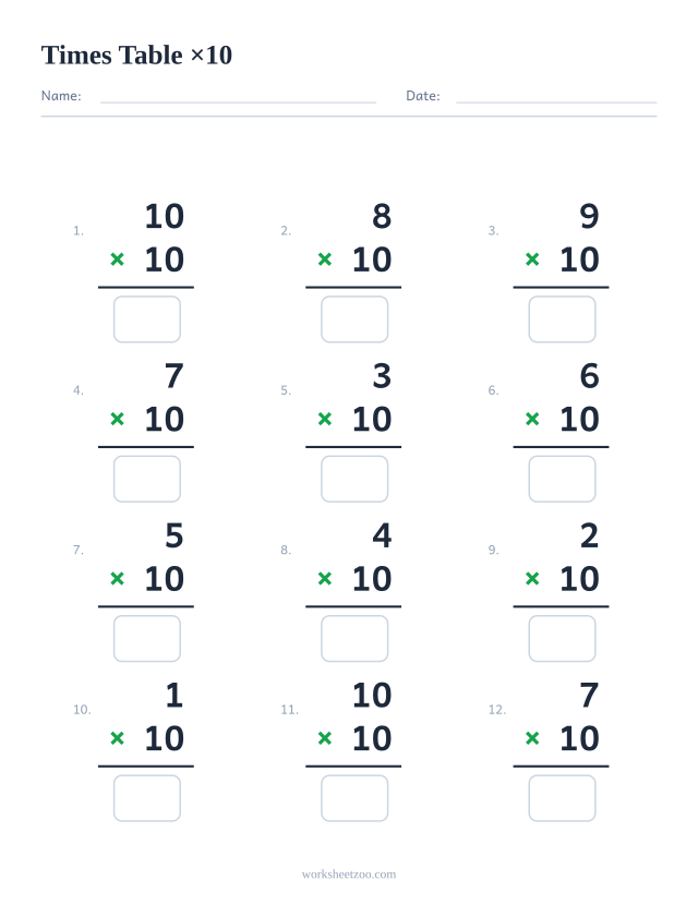 Ficha de la tabla del 10 con 12 multiplicaciones en vertical y casillas de respuesta