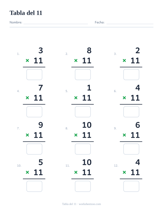 Ficha de la tabla del 11 con 12 multiplicaciones en vertical y casillas de respuesta