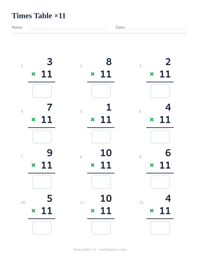 Times table 11 multiplication worksheet with 12 vertical problems and answer boxes