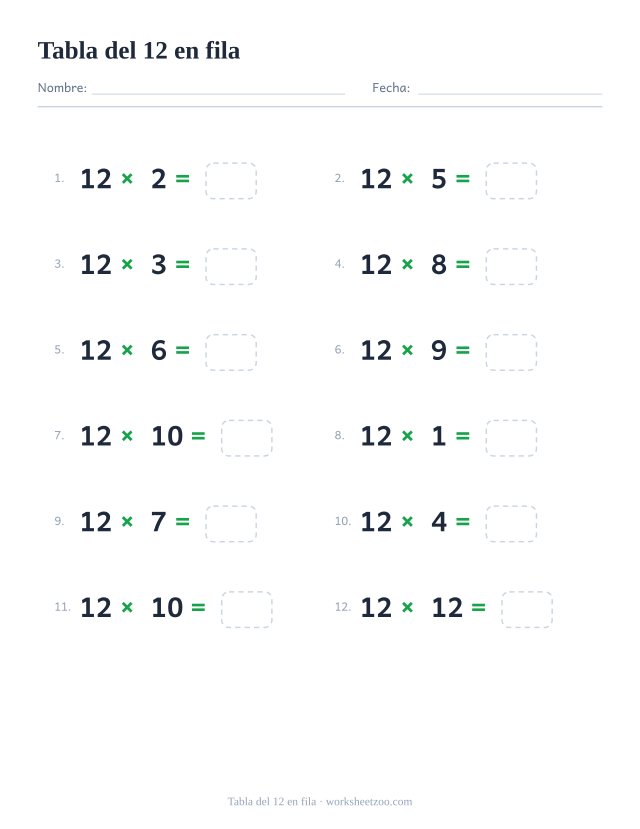 Ficha horizontal de la tabla del 12, doce multiplicaciones del 12 escritas en fila con casillas de respuesta