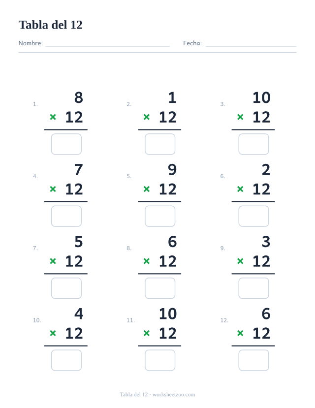 Ficha de la tabla del 12 con 12 multiplicaciones en vertical y casillas de respuesta