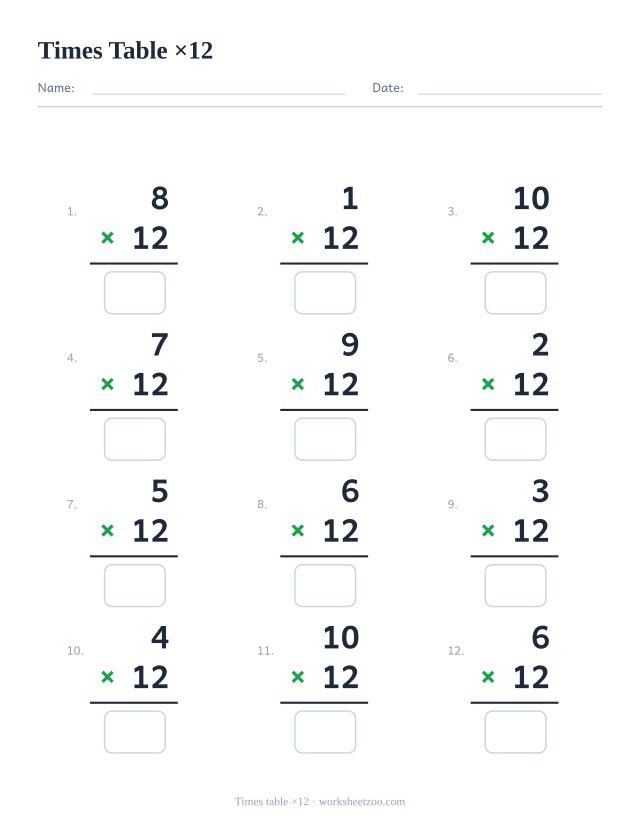 Times table 12 multiplication worksheet with 12 vertical problems and answer boxes