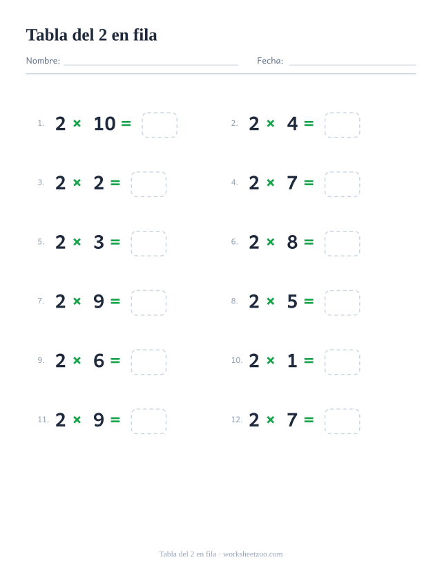 Ficha horizontal de la tabla del 2, doce multiplicaciones del 2 escritas en fila con casillas de respuesta