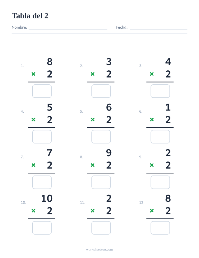 Ficha de la tabla del 2 con 12 multiplicaciones en vertical y casillas de respuesta