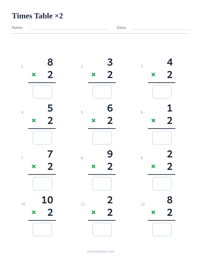 Times table 2 multiplication worksheet with 12 vertical problems and answer boxes