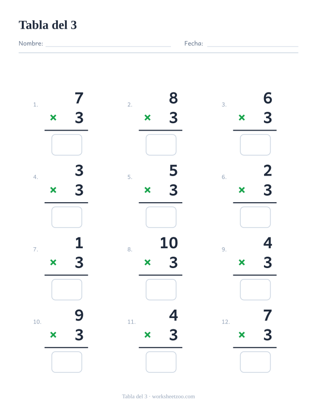 Ficha de la tabla del 3 con 12 multiplicaciones en vertical y casillas de respuesta