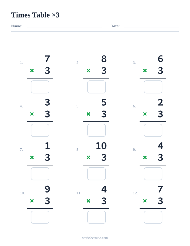 Ficha de la tabla del 3 con 12 multiplicaciones en vertical y casillas de respuesta