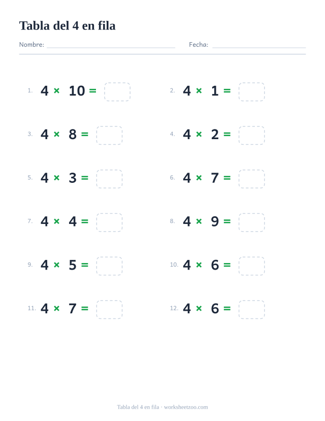 Ficha horizontal de la tabla del 4, doce multiplicaciones del 4 escritas en fila con casillas de respuesta