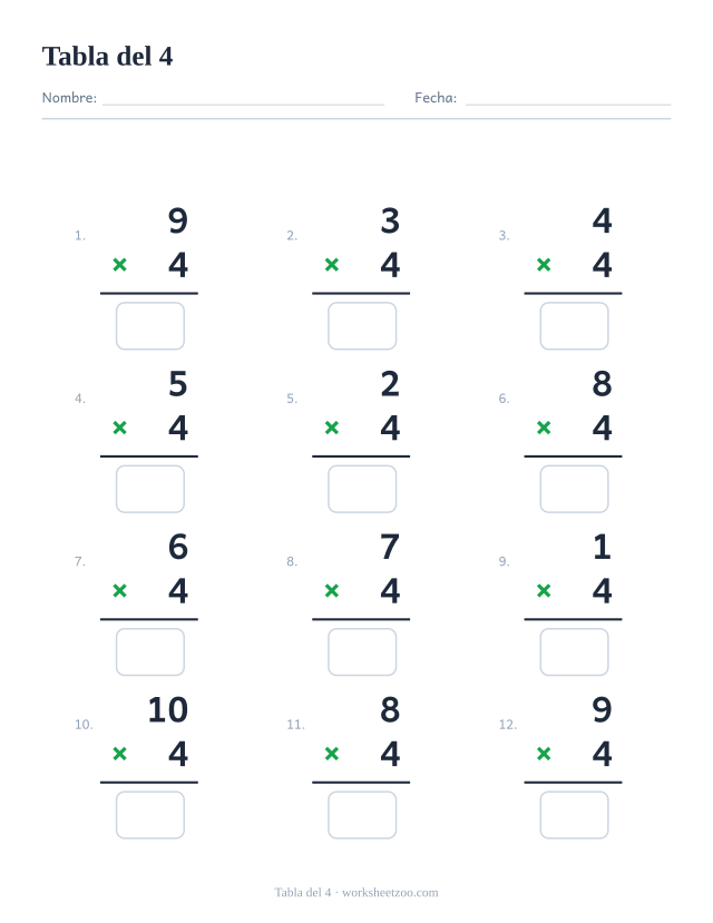 Ficha de la tabla del 4 con 12 multiplicaciones en vertical y casillas de respuesta