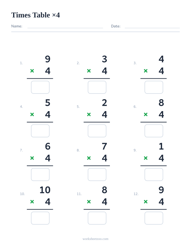 Ficha de la tabla del 4 con 12 multiplicaciones en vertical y casillas de respuesta