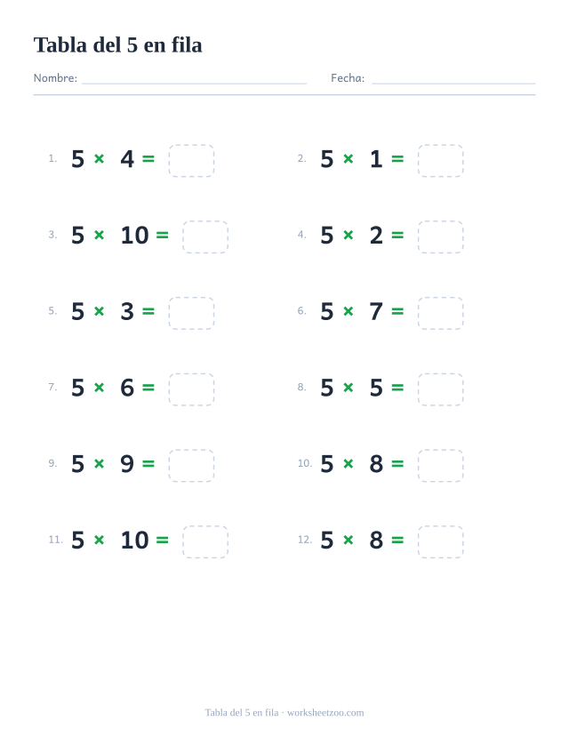 Ficha horizontal de la tabla del 5, doce multiplicaciones del 5 escritas en fila con casillas de respuesta