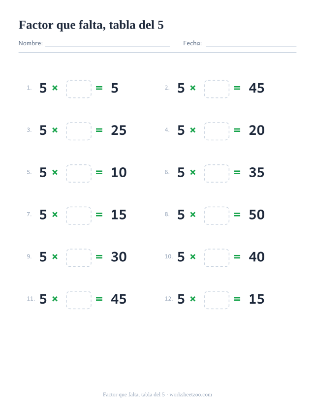 Ficha del factor que falta de la tabla del 5, doce multiplicaciones del 5 con el segundo factor en blanco