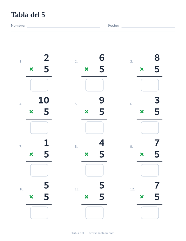 Ficha de la tabla del 5 con 12 multiplicaciones en vertical y casillas de respuesta