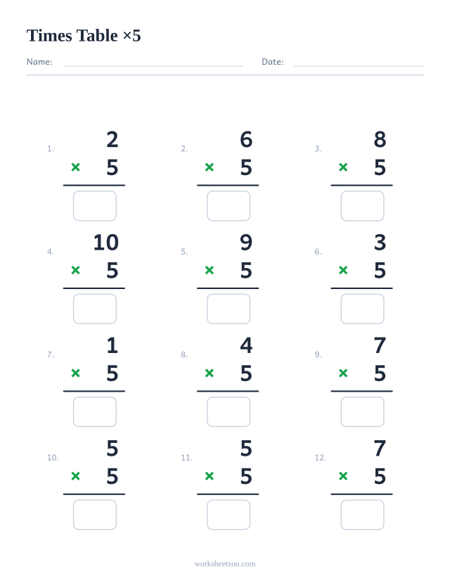 Ficha de la tabla del 5 con 12 multiplicaciones en vertical y casillas de respuesta