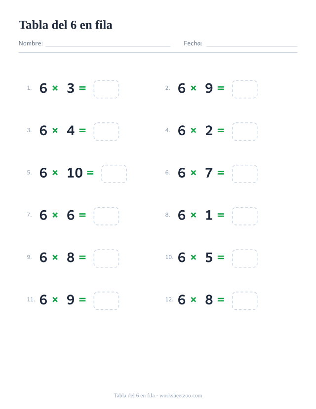 Ficha horizontal de la tabla del 6, doce multiplicaciones del 6 escritas en fila con casillas de respuesta