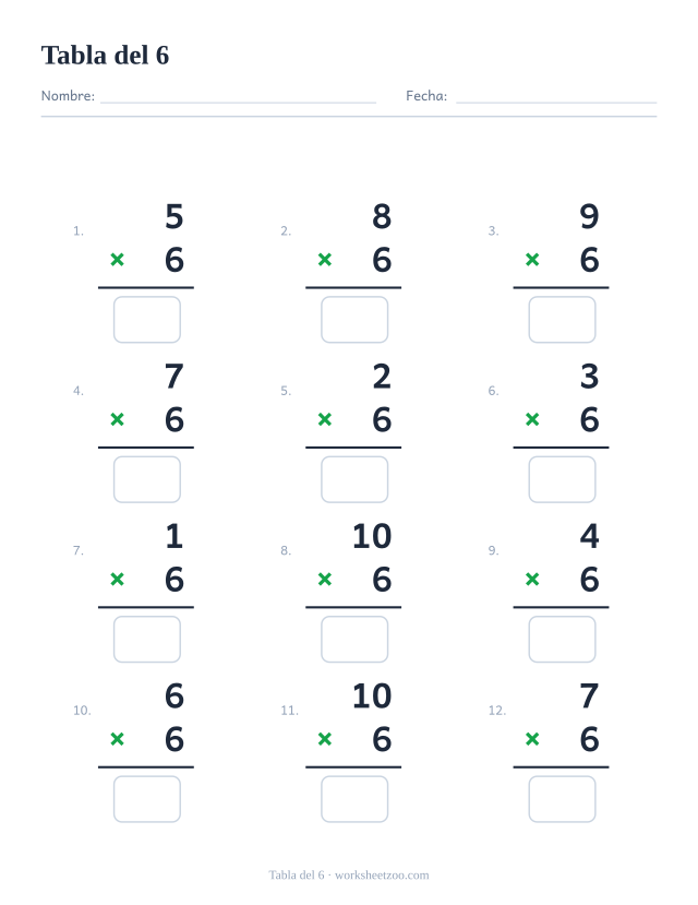 Ficha de la tabla del 6 con 12 multiplicaciones en vertical y casillas de respuesta