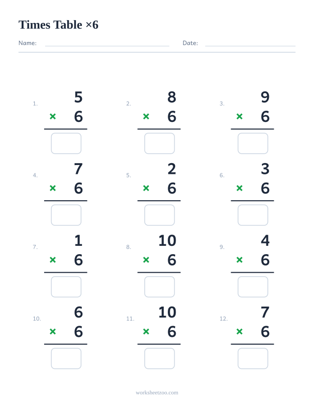 Ficha de la tabla del 6 con 12 multiplicaciones en vertical y casillas de respuesta