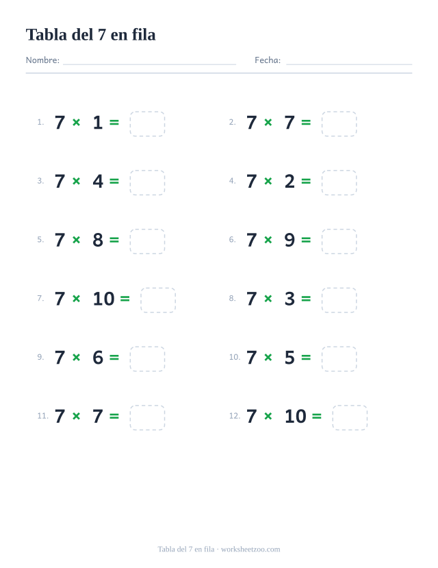 Ficha horizontal de la tabla del 7, doce multiplicaciones del 7 escritas en fila con casillas de respuesta