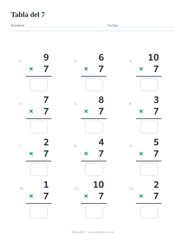 Ficha de la tabla del 7 con 12 multiplicaciones en vertical y casillas de respuesta