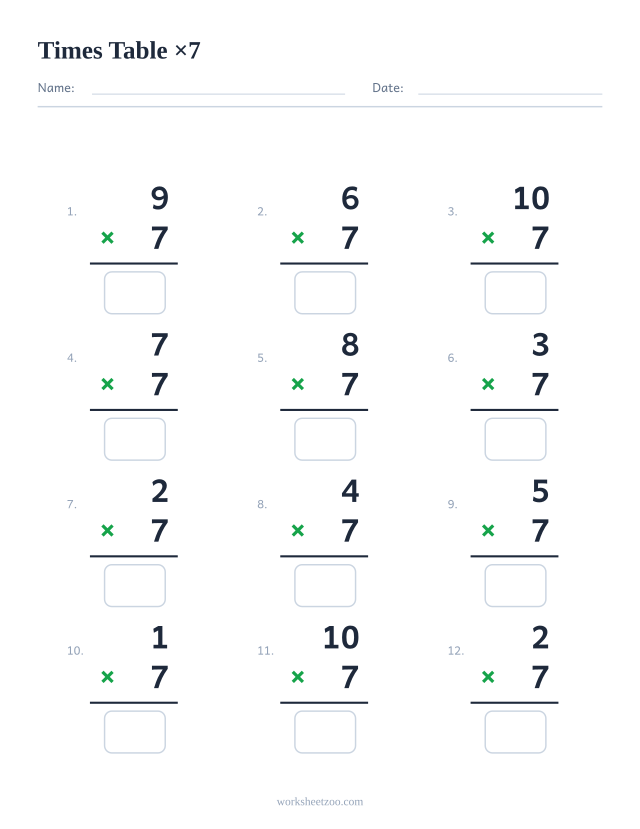 Ficha de la tabla del 7 con 12 multiplicaciones en vertical y casillas de respuesta