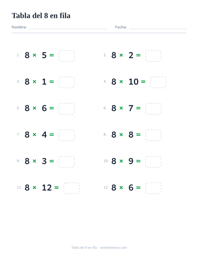 Ficha horizontal de la tabla del 8, doce multiplicaciones del 8 escritas en fila con casillas de respuesta