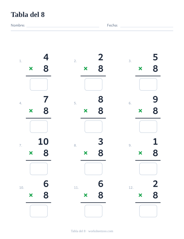 Ficha de la tabla del 8 con 12 multiplicaciones en vertical y casillas de respuesta