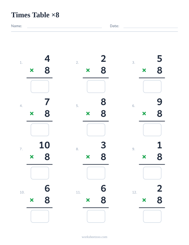Ficha de la tabla del 8 con 12 multiplicaciones en vertical y casillas de respuesta
